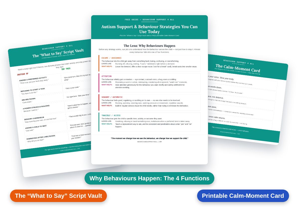 Preview of the free 3-page guide: Why Behaviours Happen, the What to Say Script Vault, and a printable Calm-Moment Card